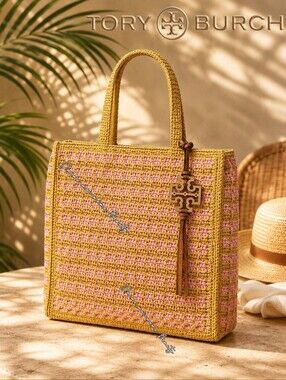Tory Burch Pink & Tan Crochet Raffia Beach Vibe Tote With Logo Bag Charm